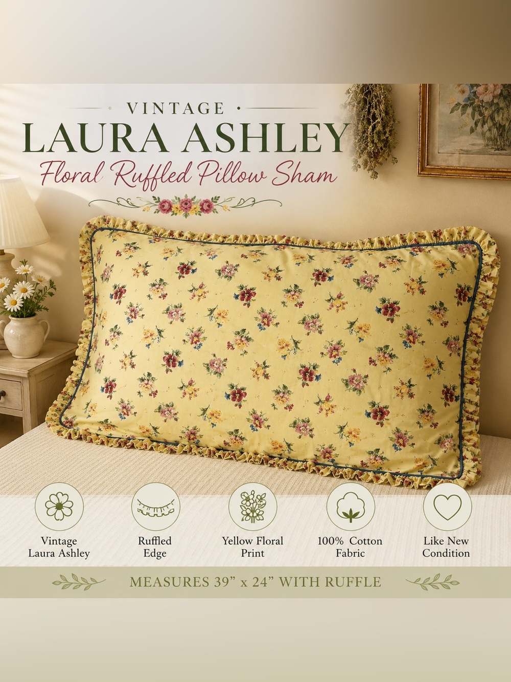 Vintage Laura Ashley King Pillow Sham 1pc Floral Ruffle Yellow Cottagecore 39x24